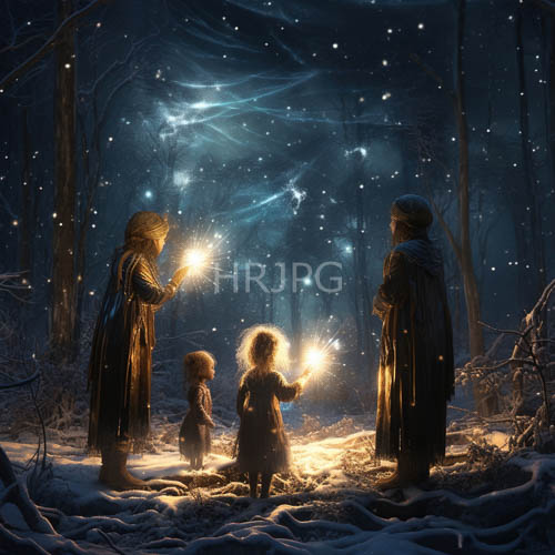 moonlit forest captures hooded figures amidst snowcovered trees with glowing sparklers