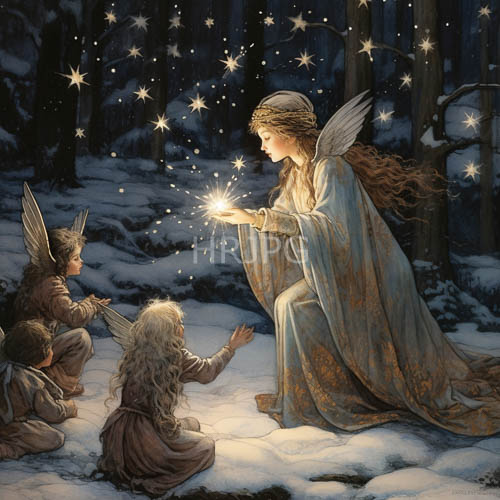 ethereal woman cradles celestial arc of glowing stars in snowdraped forest sanctuary