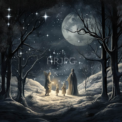 snowcovered forest under silvery moonlight with robed figures and angelic wing