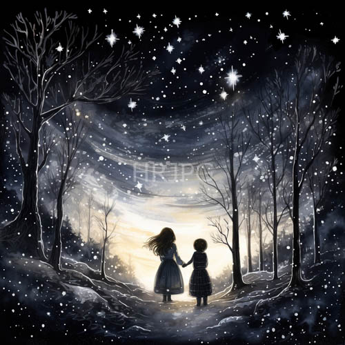 High Resolution: Snowy Trail Through Enchanted Forest Under Midnight Sky with Countless Stars and Drifting Snowflakes download. | HRJPG.com