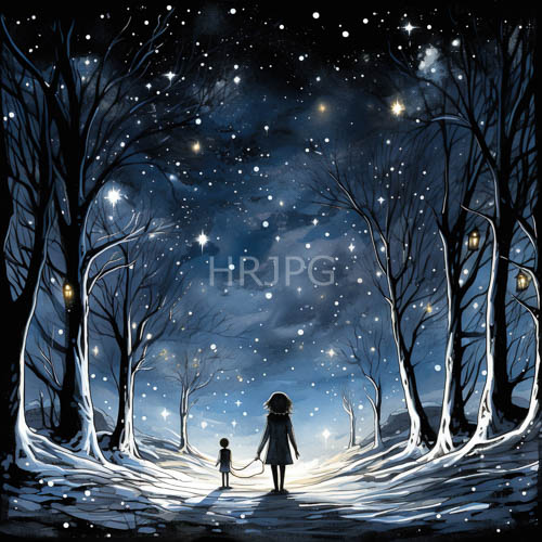 winter forest pathway framed by glowing lanterns and starfilled sky