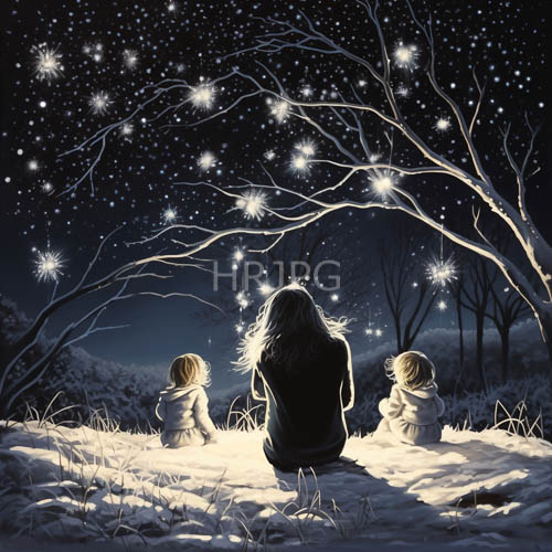 children sit silently on snowy ground beneath expansive starry night sky with bare trees