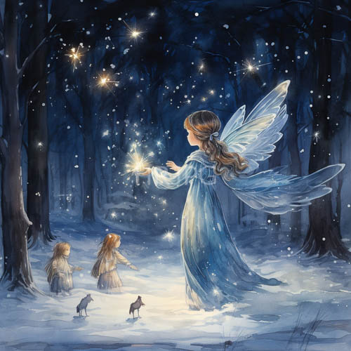 High Resolution: FrostKissed SnowDraped Trees Frame Two Smaller Winged Figures at Nightfall download. | HRJPG.com