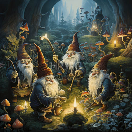 elderly gnomes amidst flickering candlelight in enchanted forest cave
