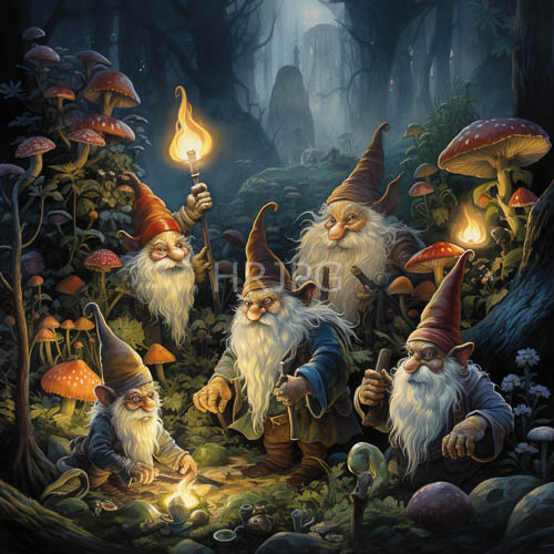mushrooms casting mystical shadows in an enchanted forest night with gnomes