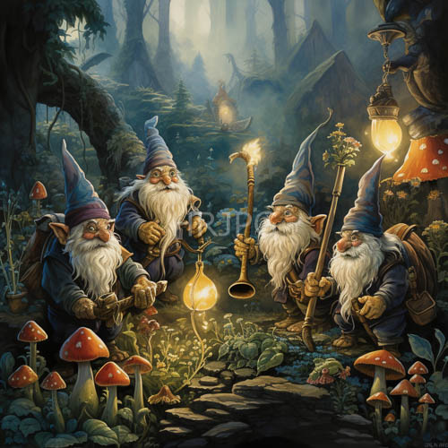 High Resolution: Mossy Forest Gnomes Gather Under Glowing Lanterns During Enchanted Twilight download. | HRJPG.com