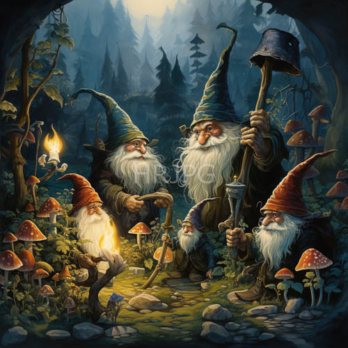 mushrooms scatter across rocky terrain beneath misty moonlit mountains at nightfall under gnomes torches