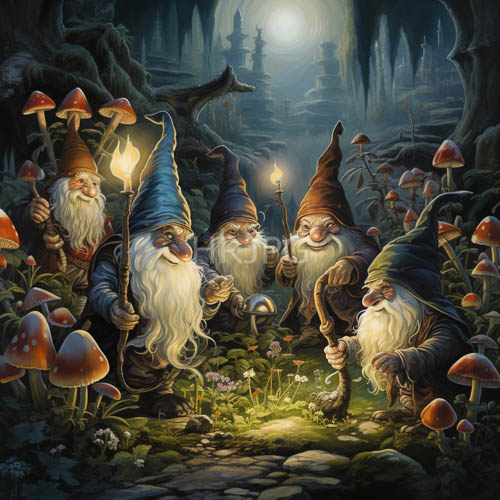 whimsical gnomes amidst enchanted forest under flickering moonlit atmosphere