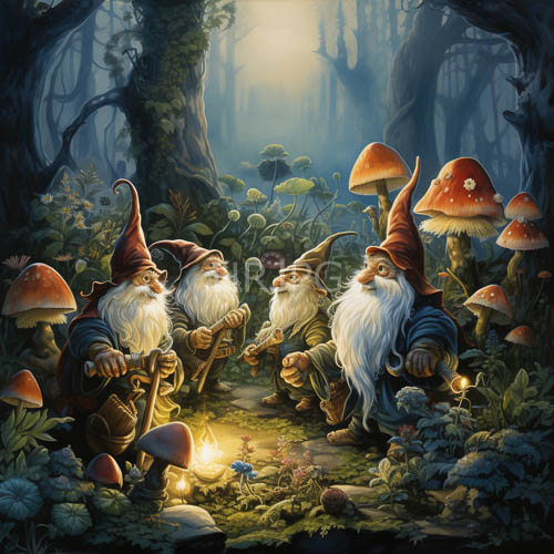 High Resolution: Mushroom Forest Gathering of Three Bearded Gnome Figures by Lantern Light download. | HRJPG.com