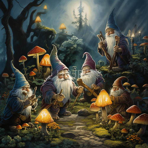 enchanted forest whimsy gnomes bask under silver moonlight rays with weathered wooden staves
