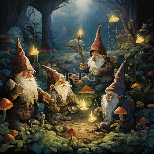 elderly gnomes gather beneath silvery moonlight in enchanted forest fungi