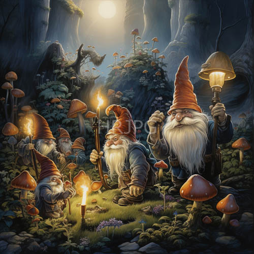 elderly gnomes command whimsical with glowing torches and shimmering mushrooms in enchanted forest