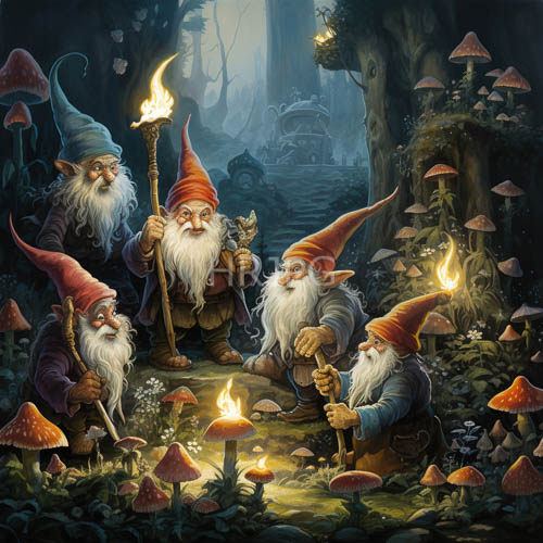 mushroomlit whimsy in enchanted forest with resident gnomes and feline companions