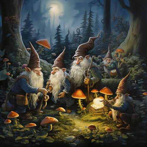 whimsical bearded gnomes converge under luminous mushroom canopies in enchanted forest night
