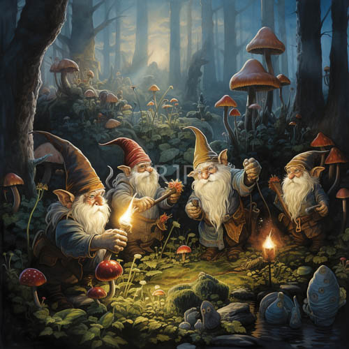 luminous moonlit woodland with three bearded gnomes lifting torches against twilight shadows