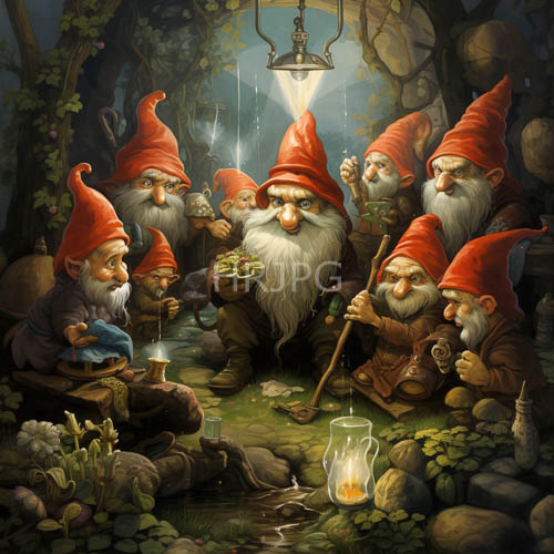 High Resolution: Whimsical Gnomes Amidst Flickering Lanterns in Twilight Forest Depths download. | HRJPG.com