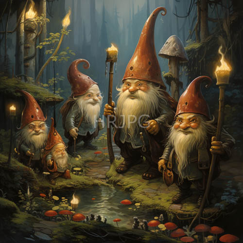 elderly gnome figures amidst amber torchlit forest with mushrooms and fungi