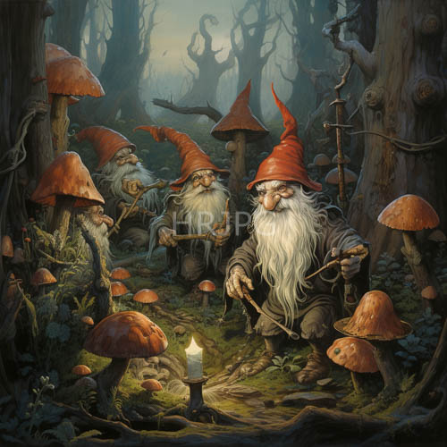 mushrooms tower above mossy forest floor amidst gnomelike figures with long white beards and red conic hats