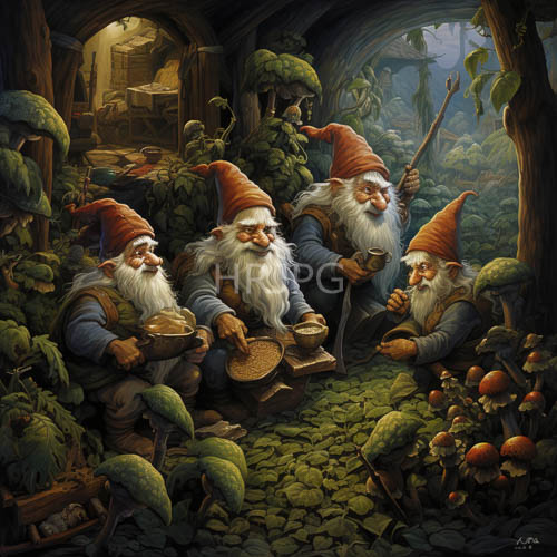 elderly gnomes gather amidst enchanted forest caves lush greenery and mystical atmosphere