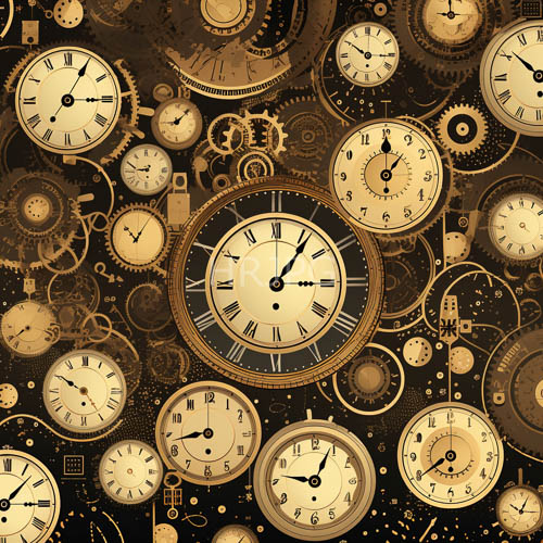 deep cosmic tapestry of varying clock faces across dark expanse in steampunkinspired art
