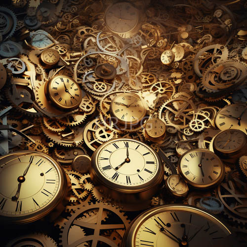 High Resolution: Steampunkinspired brass clock art with intricate gears and vintage texture under dramatic light download. | HRJPG.com