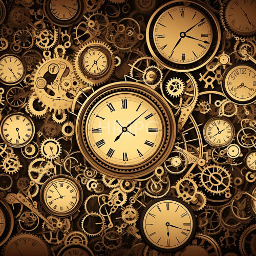 High Resolution: Intricate Steampunk Clockwork Backdrop with Interlocking Gears and Clock Faces in Muted Metallic Palette download. | HRJPG.com