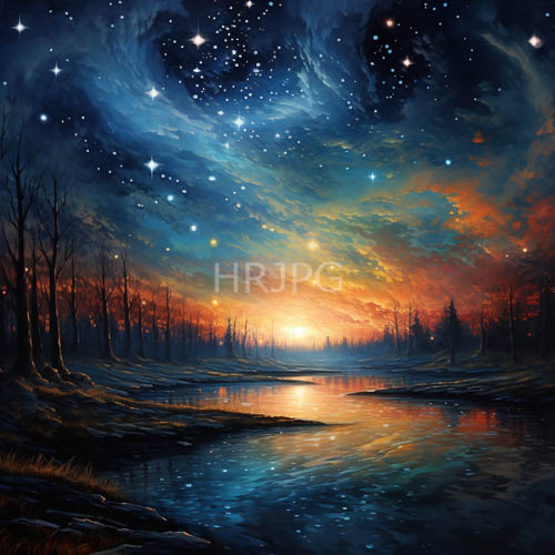 vibrant sunset landscape with starry night sky and silhouetted trees reflecting on river