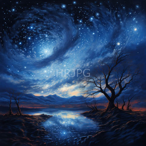 celestial landscape with swirling starfilled clouds and calm mountain waters under twilight skies