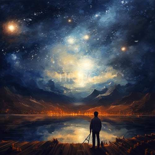 cosmic mountain peaks under nebulae swirls amidst city lights illumination