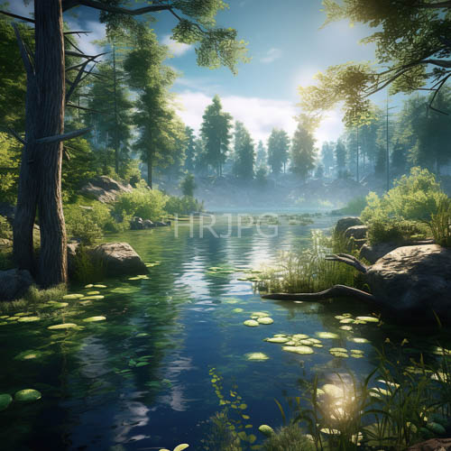 High Resolution: Emerald Leaves Reflecting Pine Canopy Over Crystal Clear Pond Under Dappled Light download. | HRJPG.com