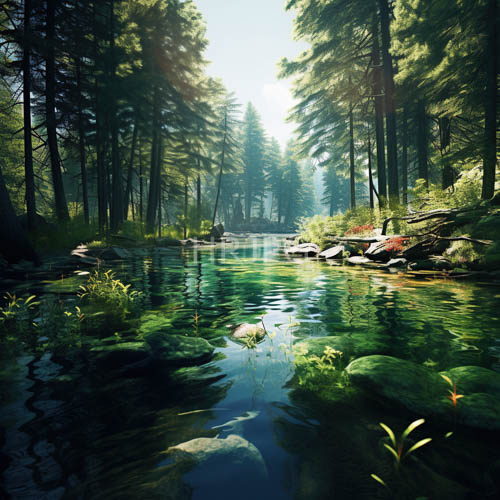 towering pine trees cast dappled shadows on emerald leaves in serene forest clearing