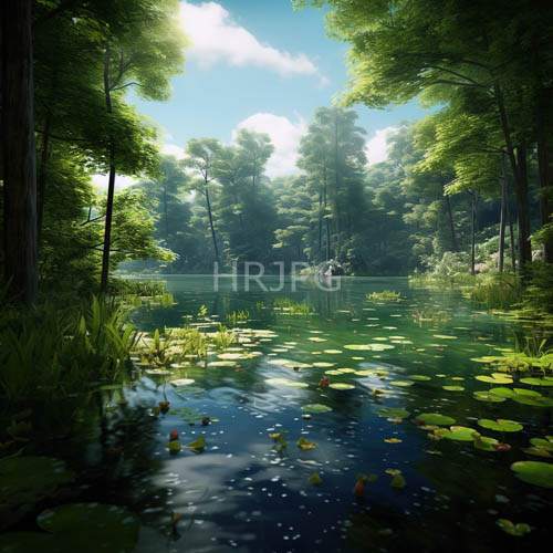 emerald canopy envelops cerulean skies and drifting clouds over glassy pond waters