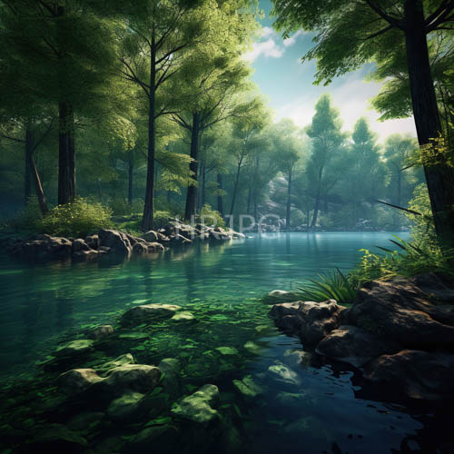 turquoise water reflects glinting sunlight through lush green canopy along rocky shoreline