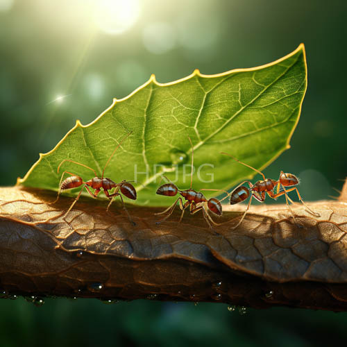 ants march in line across aged brown leaf with intricate veins and delicate bokeh