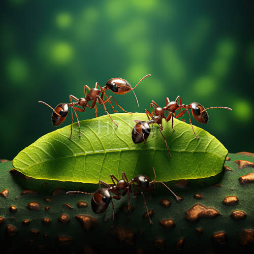 High Resolution: Elongated Leaf Canvass Features MetallicBlack Ants with Glossy Exoskeletons and Delicate Movement download. | HRJPG.com