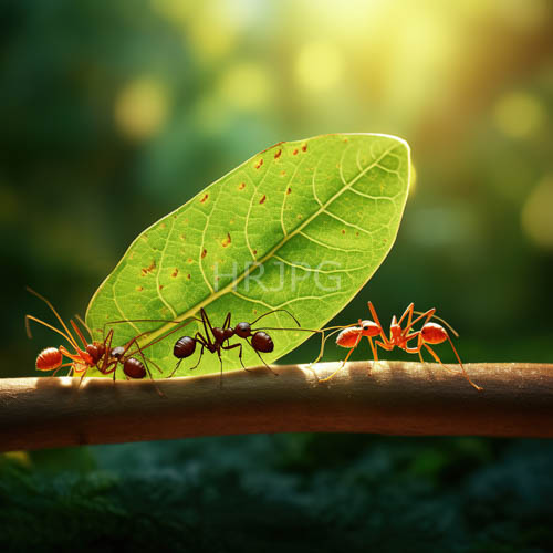 antennaeed larvae mingle atop an elongated green leaf with diminutive ants in dappled sunlight