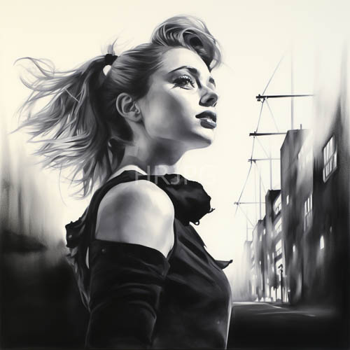 urban woman embodies resilience beneath stormy power lines at nighttime cityscape