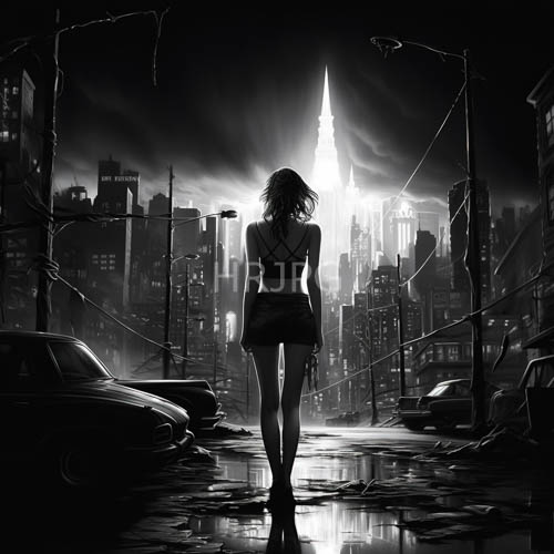 anime woman stands resolute on urban street under piercing light of city skyline