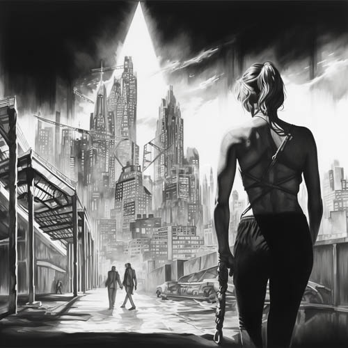 High Resolution: Muscular Woman Stands Vigilant Amidst Citys Bleak Concrete Scape Under Muted Sunlight download. | HRJPG.com