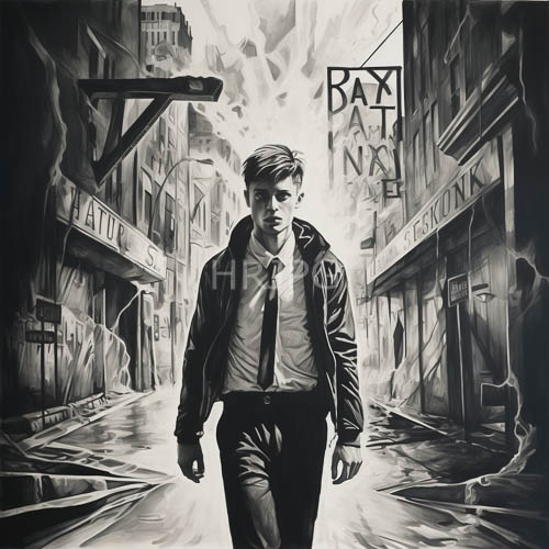 urban nighttime neon light showcases handsome young man in leather jacket on rainslick street
