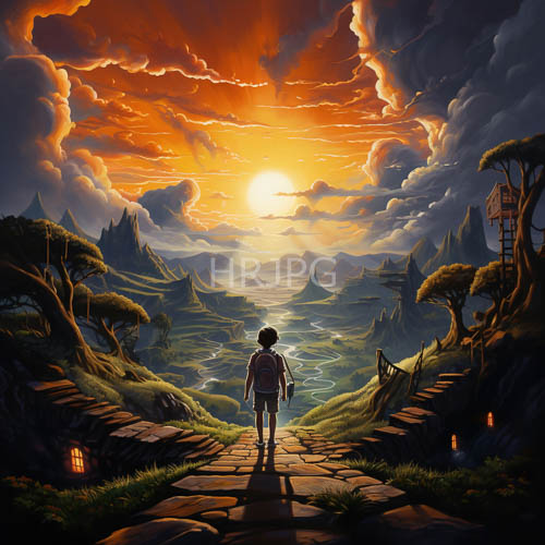 fantasy horizon unfolds amidst swirling orange clouds and glowing sun over stone steps