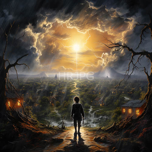 moody storm clouds breathe light from within illuminating rainsoaked path to secluded village
