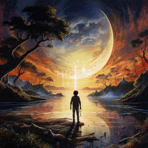 crescent moons cast intense light on lone figure in shallow reflective water with silhouetted trees and orangepurple clouds