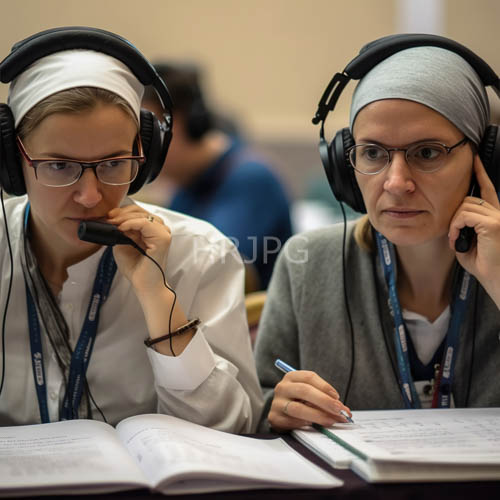 High Resolution: Women Collaborate on Audio Storytelling in Muted Workspace with Textbooks and Headphones download. | HRJPG.com
