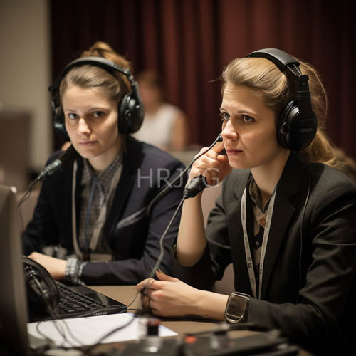 women in business attire collaborate fiercely in conference setting with event lanyards
