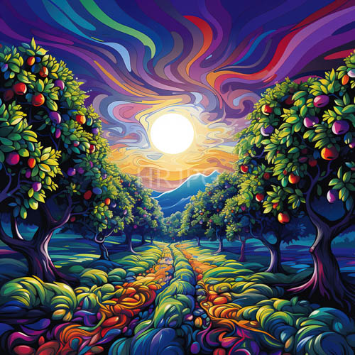 mountain shadows envelop vibrant orchard under sunlit skyline