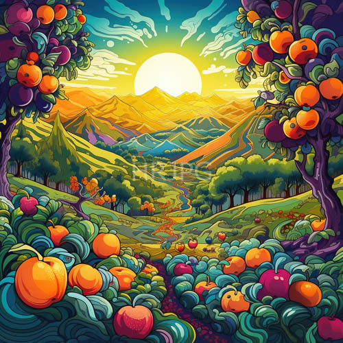 sunlit apple orchard pathways amidst verdant foliage and twinkling mountain peaks