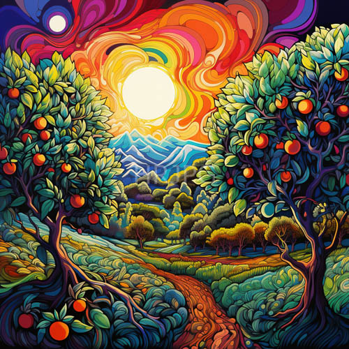 sunburst illuminates orange tree orchard against snowcapped peaks and rolling hills