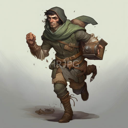 medieval athlete with weathered beard and textured brown tunic charges forward into motion