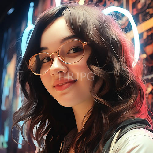 confident asian woman embraces modern streetstyle elegance with multicultural urban flair captured in a neonlit cityscape with copperrimmed glasses and sleek black jacket